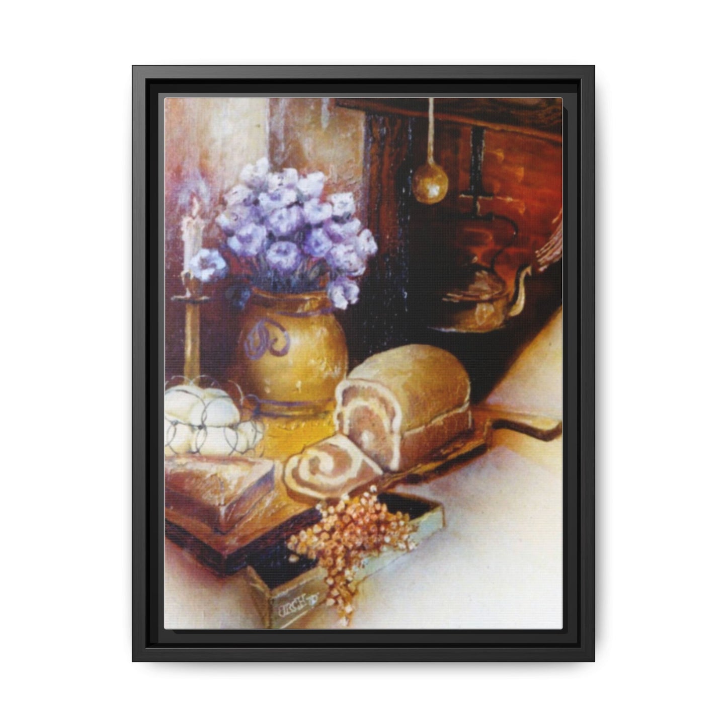 Framed Canvas Authentic 1960s Still Life Painting - "Countryside Hearth"