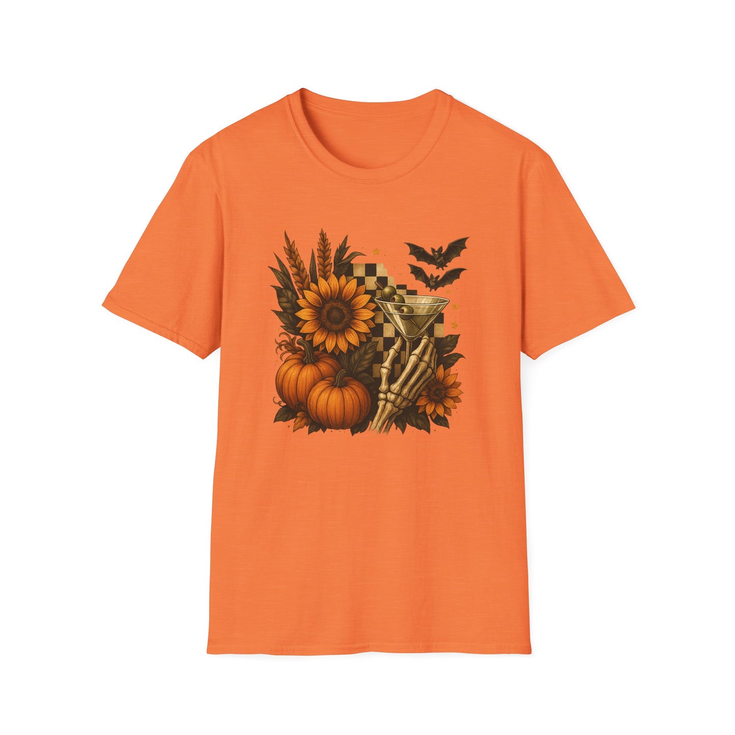 Halloween, Autumn Floral Skeleton Hand with Martini Tee-Shirt