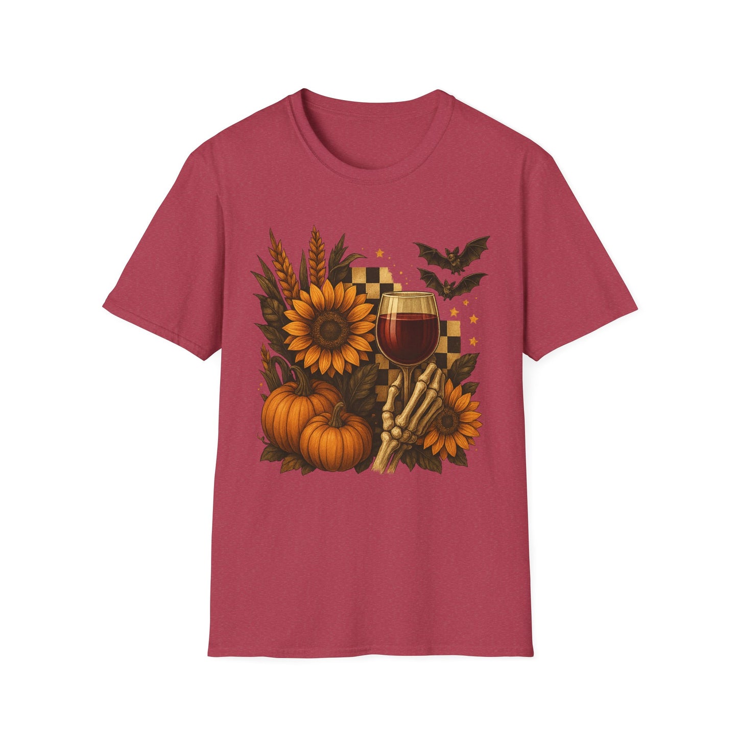 Halloween, Autumn Floral Skeleton Hand with Wine Glass Tee-Shirt