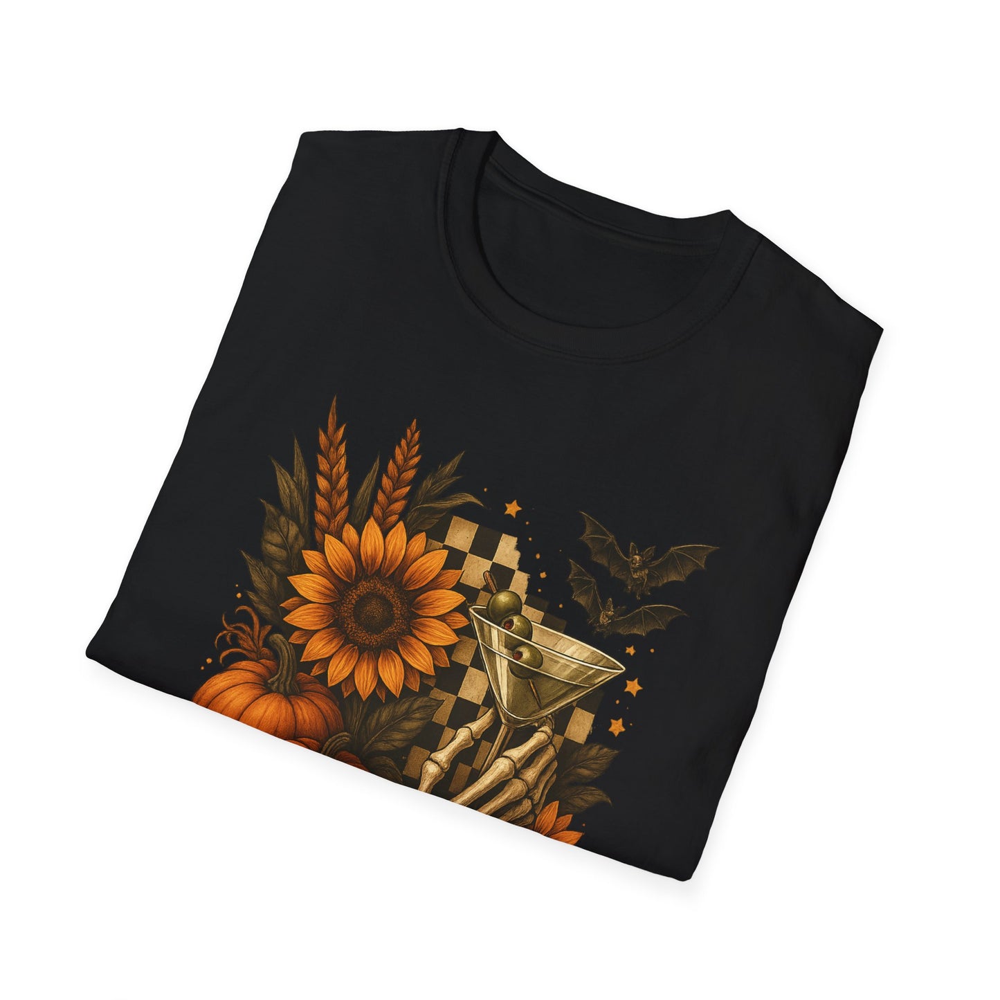 Halloween, Autumn Floral Skeleton Hand with Martini Tee-Shirt