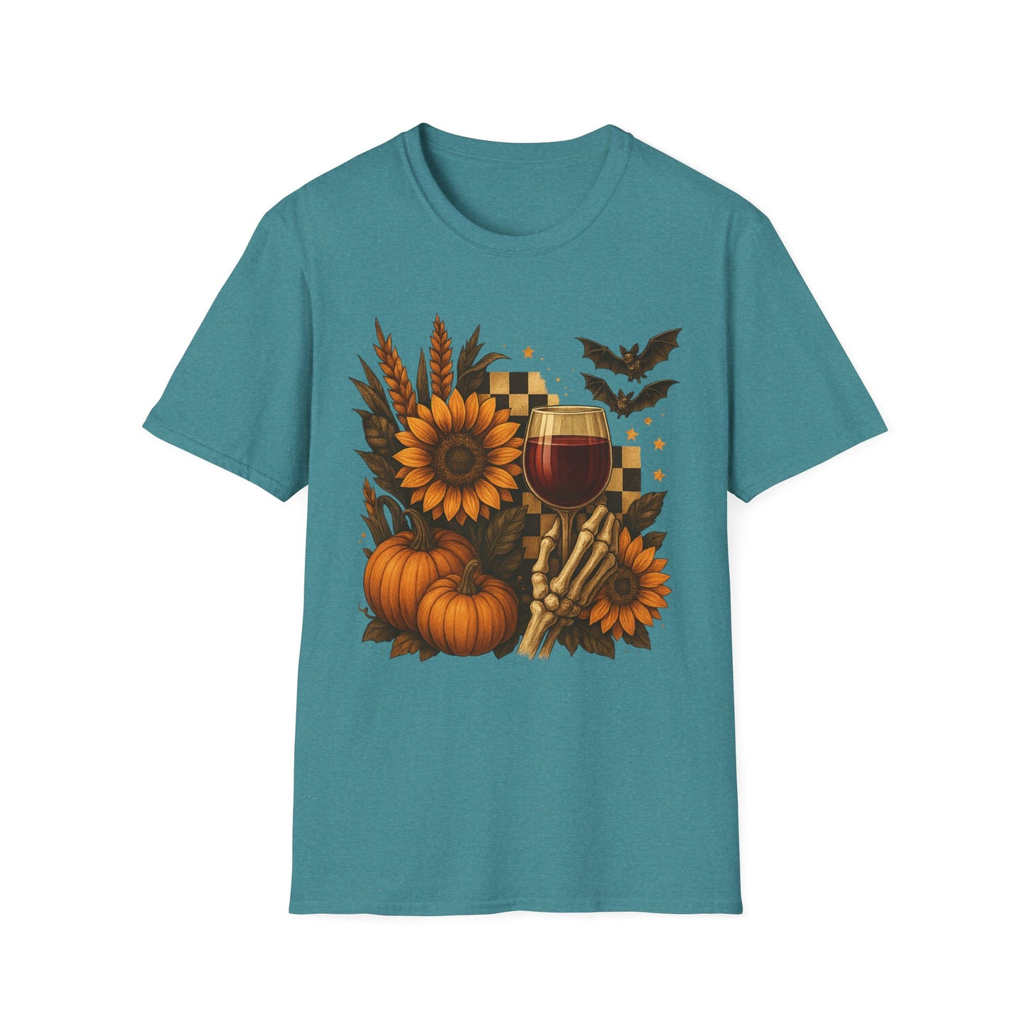 Halloween, Autumn Floral Skeleton Hand with Wine Glass Tee-Shirt