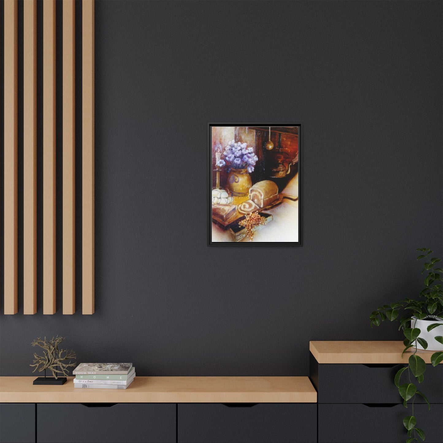 Framed Canvas Authentic 1960s Still Life Painting - "Countryside Hearth"