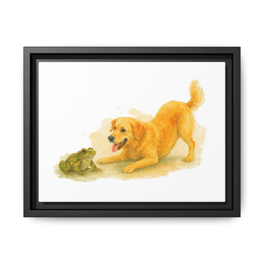 Framed Artwork, Whimsical Dog and Frog Canvas, Cute Pet Decor, Gift for Animal Lovers, Dog Lover Art, Home Wall Decor, Playful Wall Art