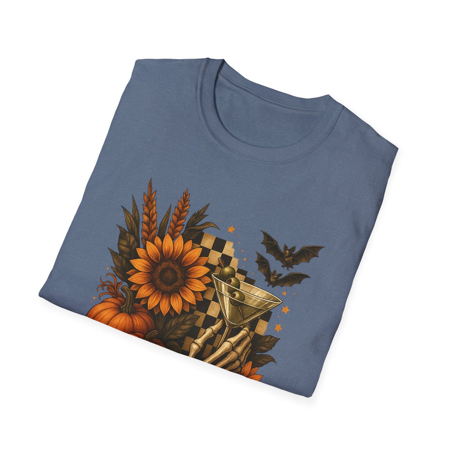Halloween, Autumn Floral Skeleton Hand with Martini Tee-Shirt