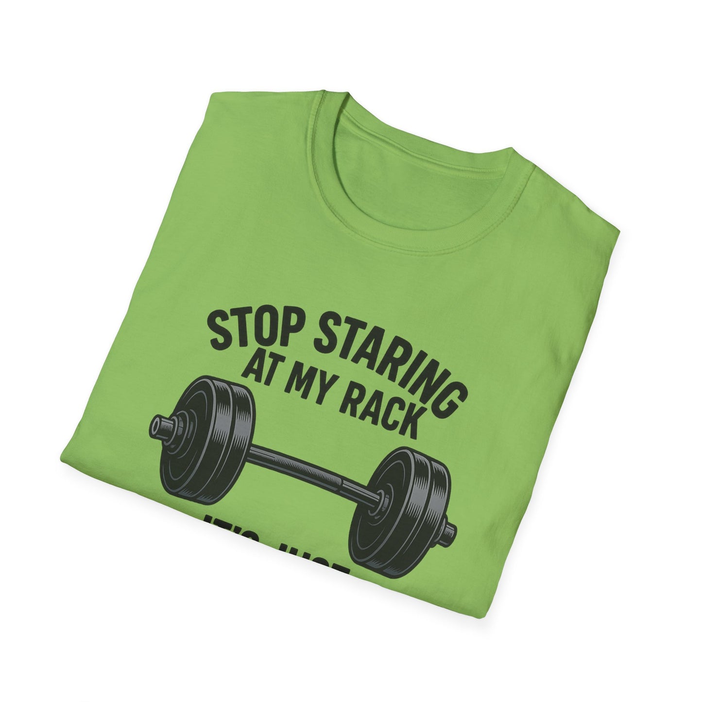Grit Forge Athletics - "Stop Staring at My Rack" Women's Softstyle Tee-Shirt for Gym Lovers