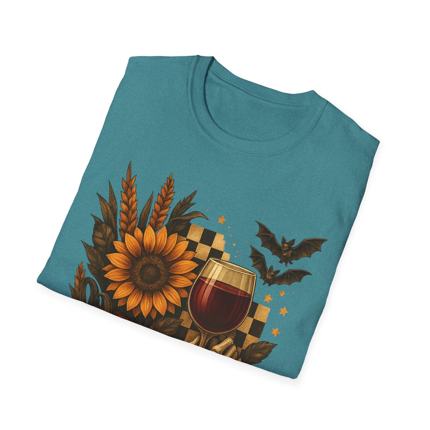 Halloween, Autumn Floral Skeleton Hand with Wine Glass Tee-Shirt