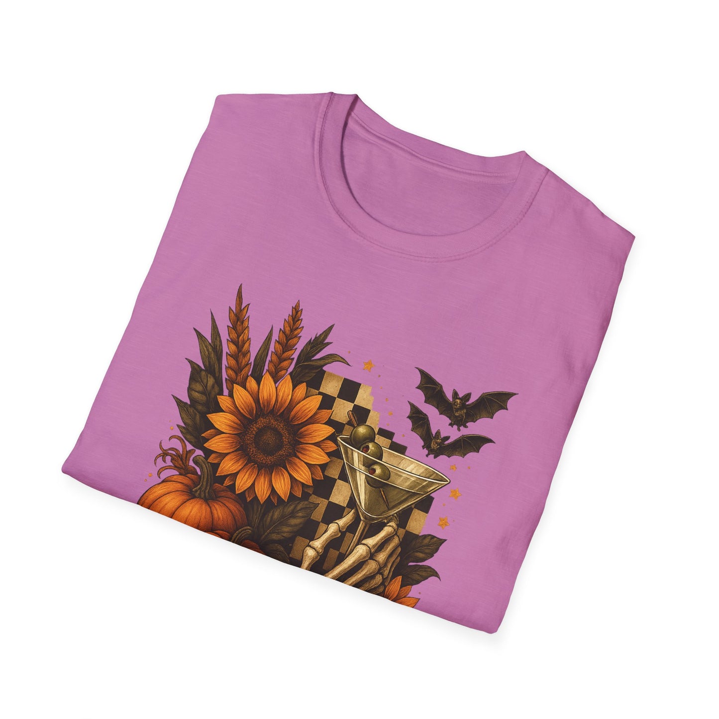 Halloween, Autumn Floral Skeleton Hand with Martini Tee-Shirt