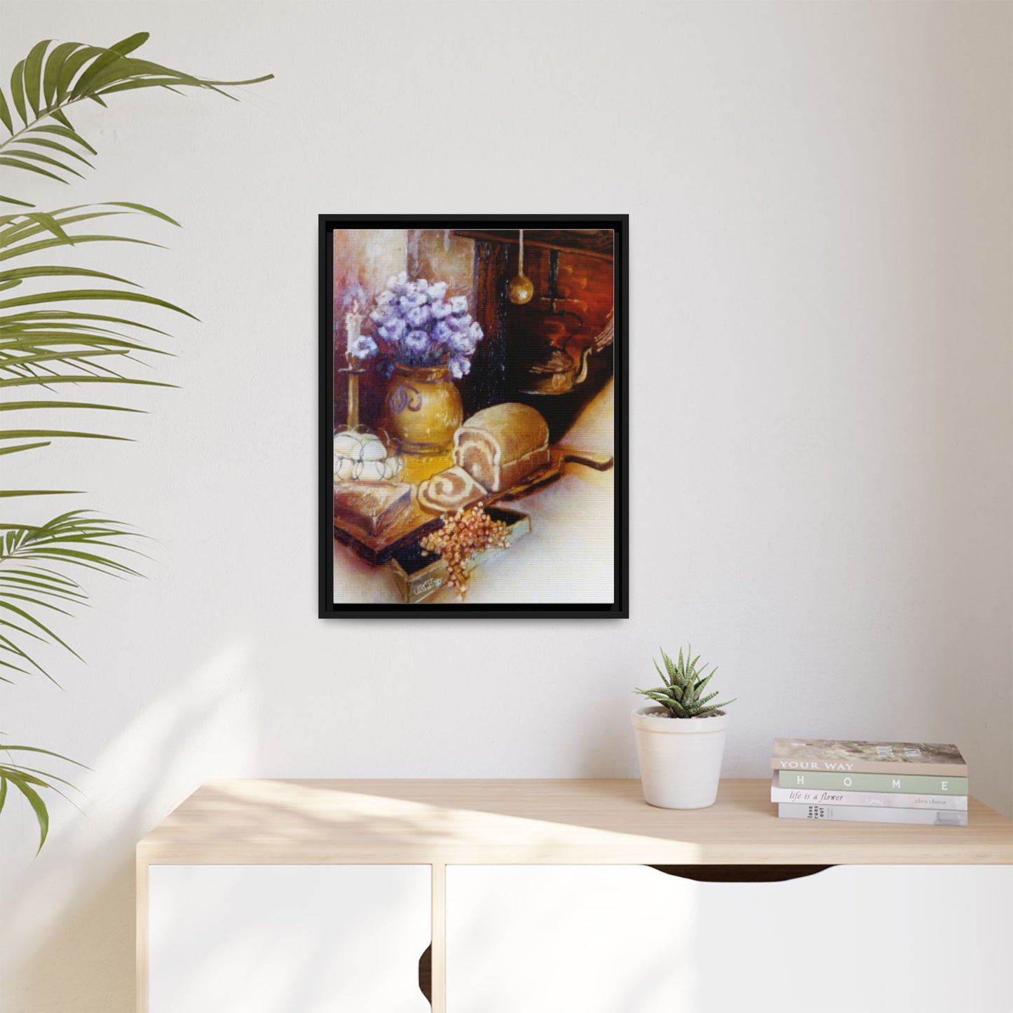 Framed Canvas Authentic 1960s Still Life Painting - "Countryside Hearth"