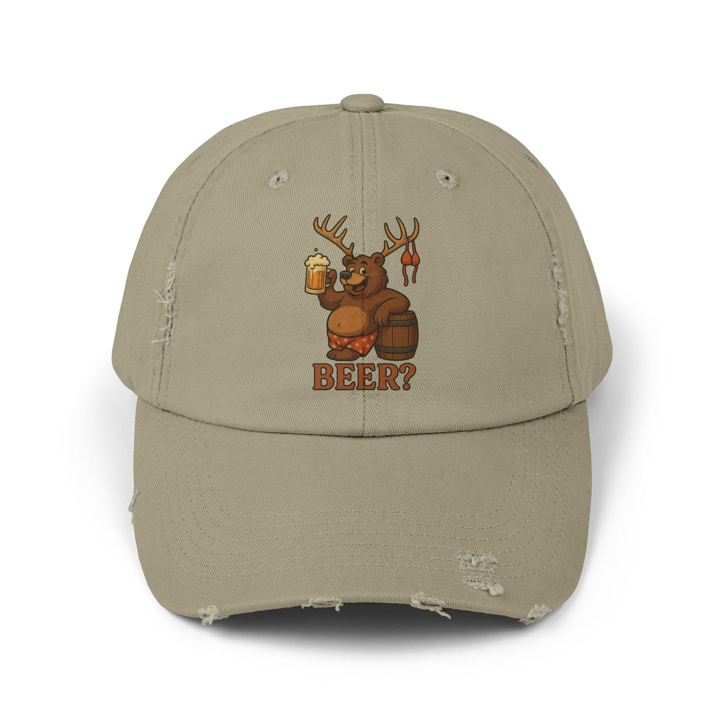 Men's Distressed Beer Cap, Fun Outdoor Hat, Gift for Beer Lovers, Casual Accessory, Unique Party Favor, Bear, Deer, Beer?