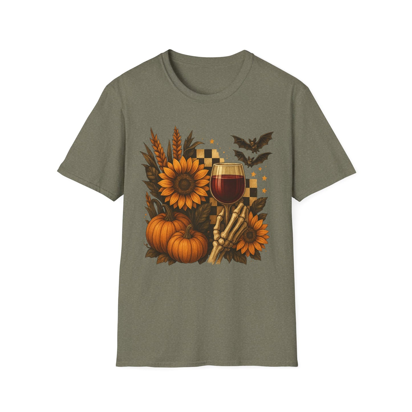 Halloween, Autumn Floral Skeleton Hand with Wine Glass Tee-Shirt