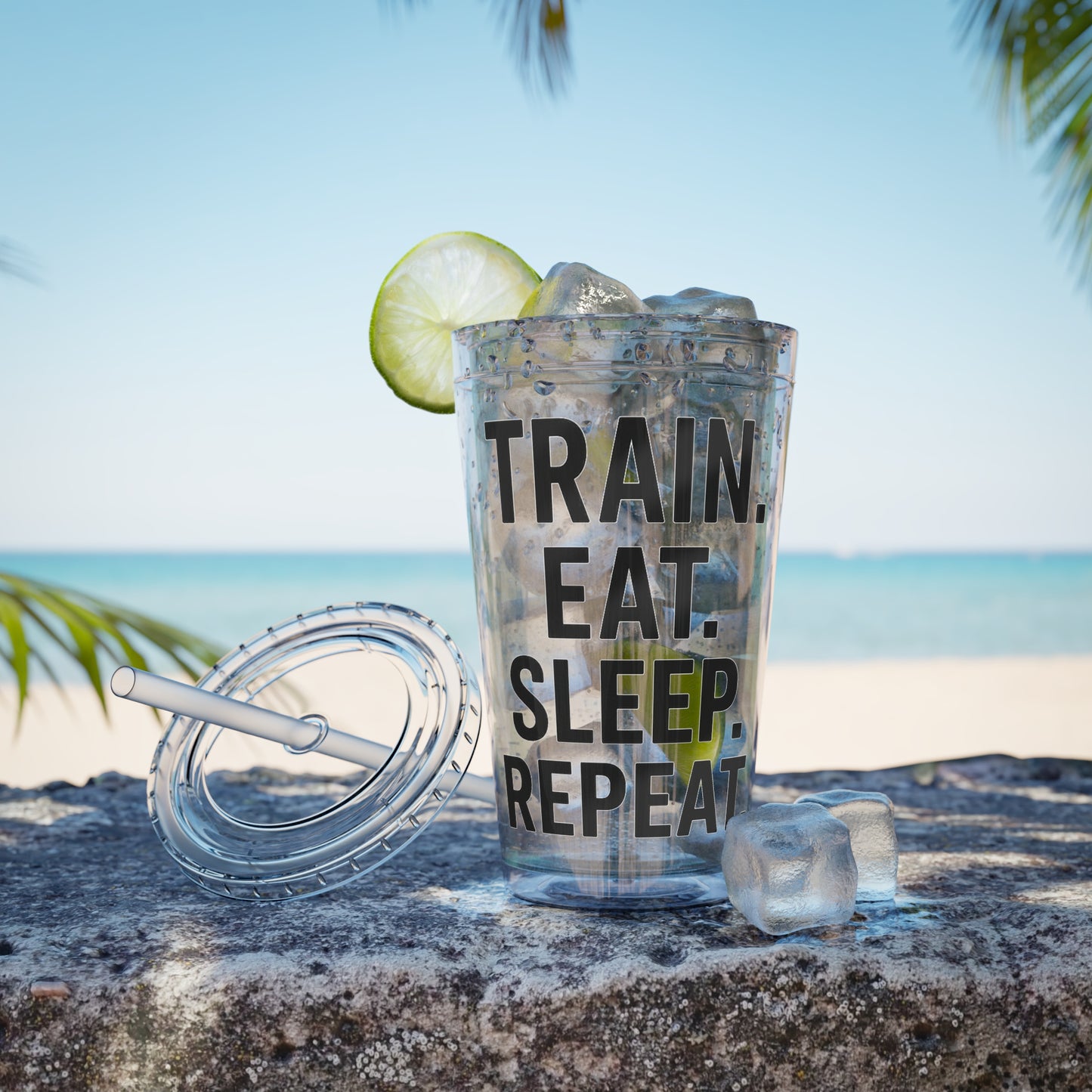 Grit Forge Athletics - Sunsplash Motivational Tumbler, 16oz Drink Cup for Fitness Lovers, Workout Gift, Gym Straw Cup, Eat Sleep Repeat Drinkware