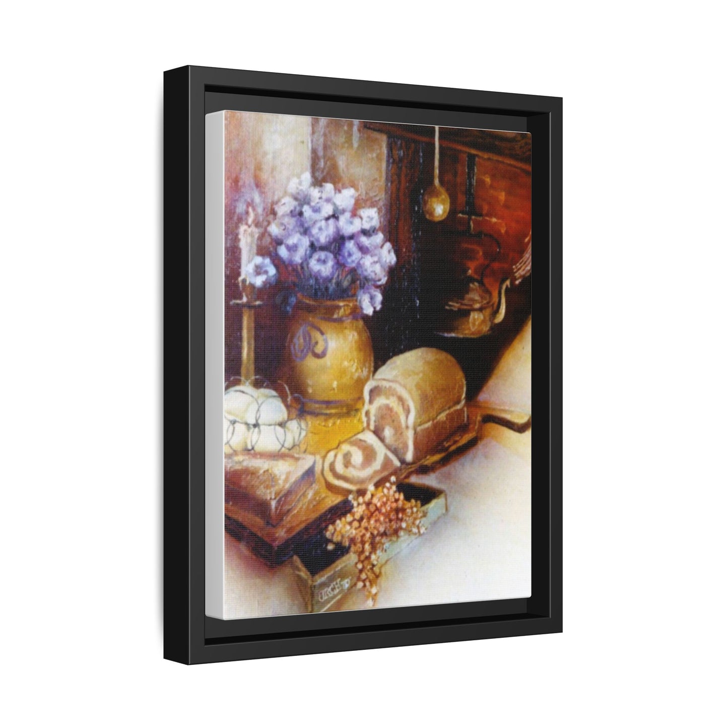 Framed Canvas Authentic 1960s Still Life Painting - "Countryside Hearth"