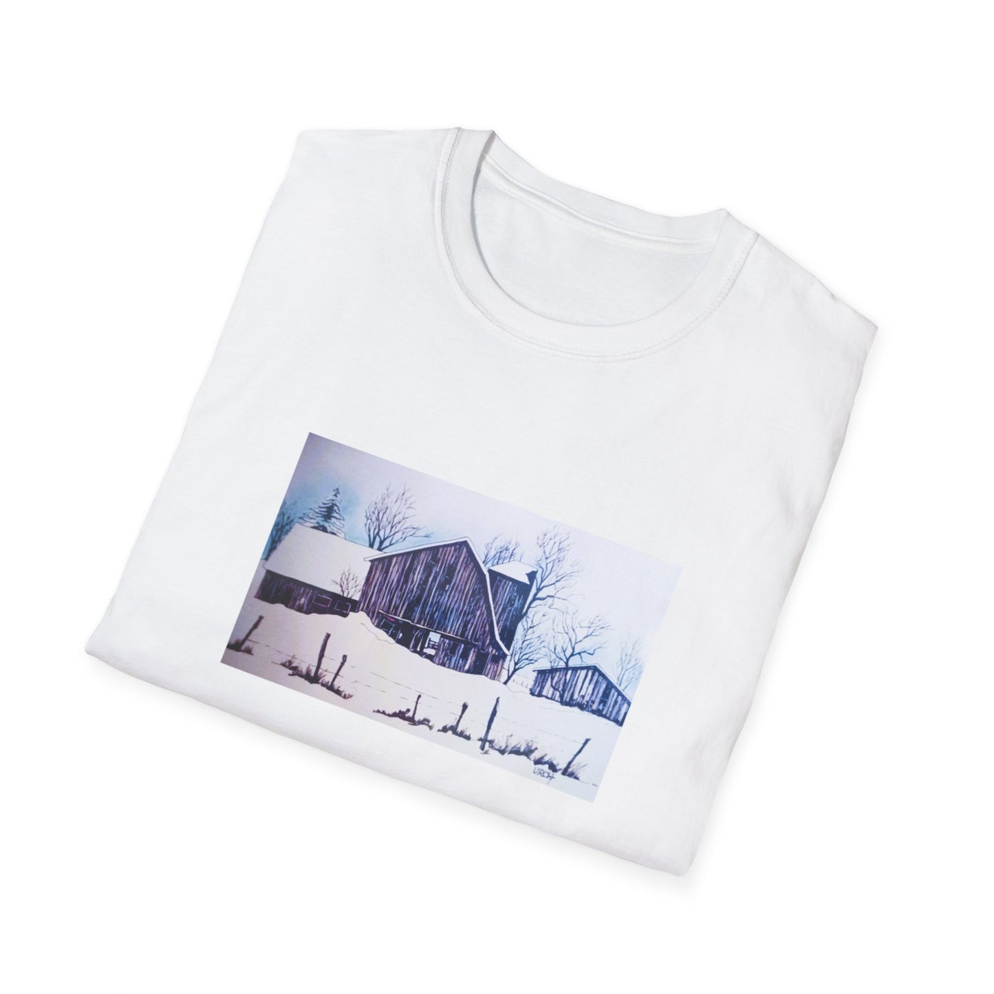 Authentic 1960s-Era Winter Barn Scene Graphic Tee-Shirt - "Tattered Winterscape"