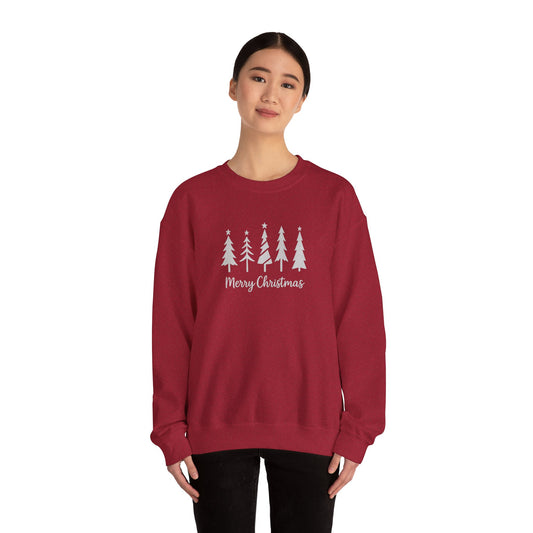 Merry Christmas Crewneck Sweatshirt — Minimalist Holiday Tree Pullover