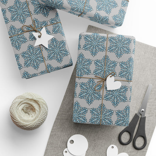 Teal Snowflake Damask Pattern Holiday Wrapping Paper