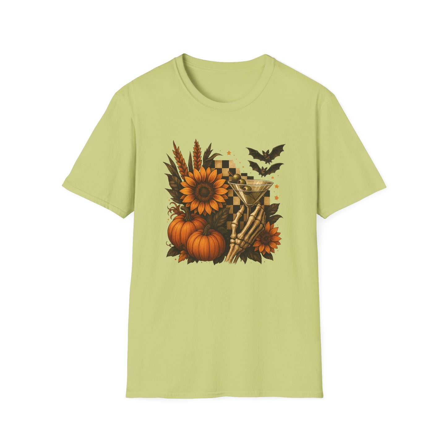 Halloween, Autumn Floral Skeleton Hand with Martini Tee-Shirt