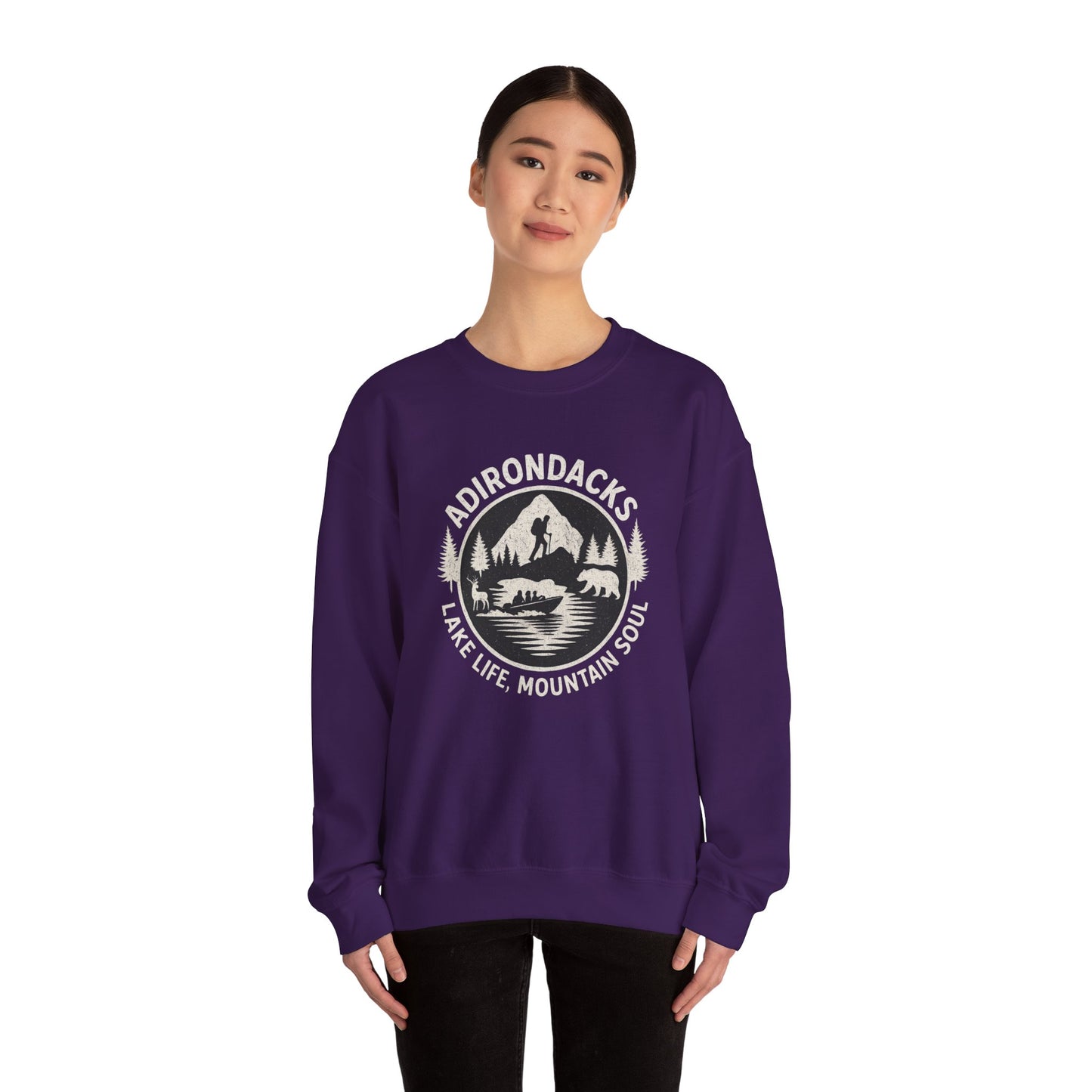 Cozy Adirondack Lake Life Crewneck Sweatshirt - "Lake Life, Mountain Soul"