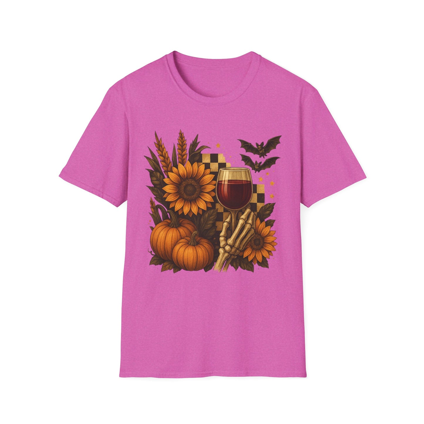 Halloween, Autumn Floral Skeleton Hand with Wine Glass Tee-Shirt