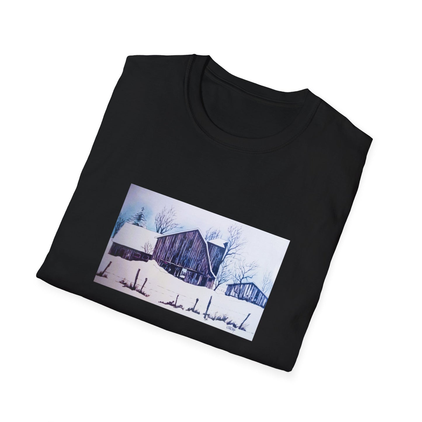 Authentic 1960s-Era Winter Barn Scene Graphic Tee-Shirt - "Tattered Winterscape"