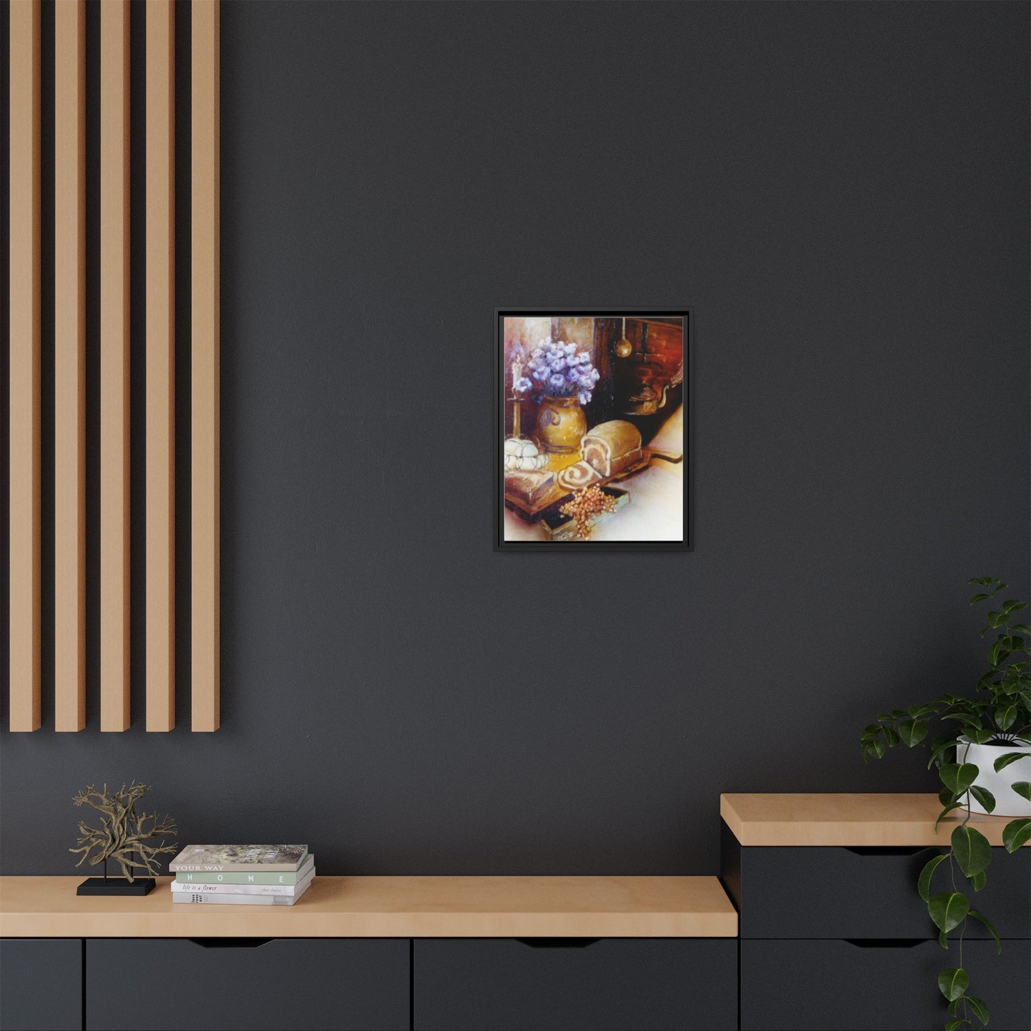 Framed Canvas Authentic 1960s Still Life Painting - "Countryside Hearth"