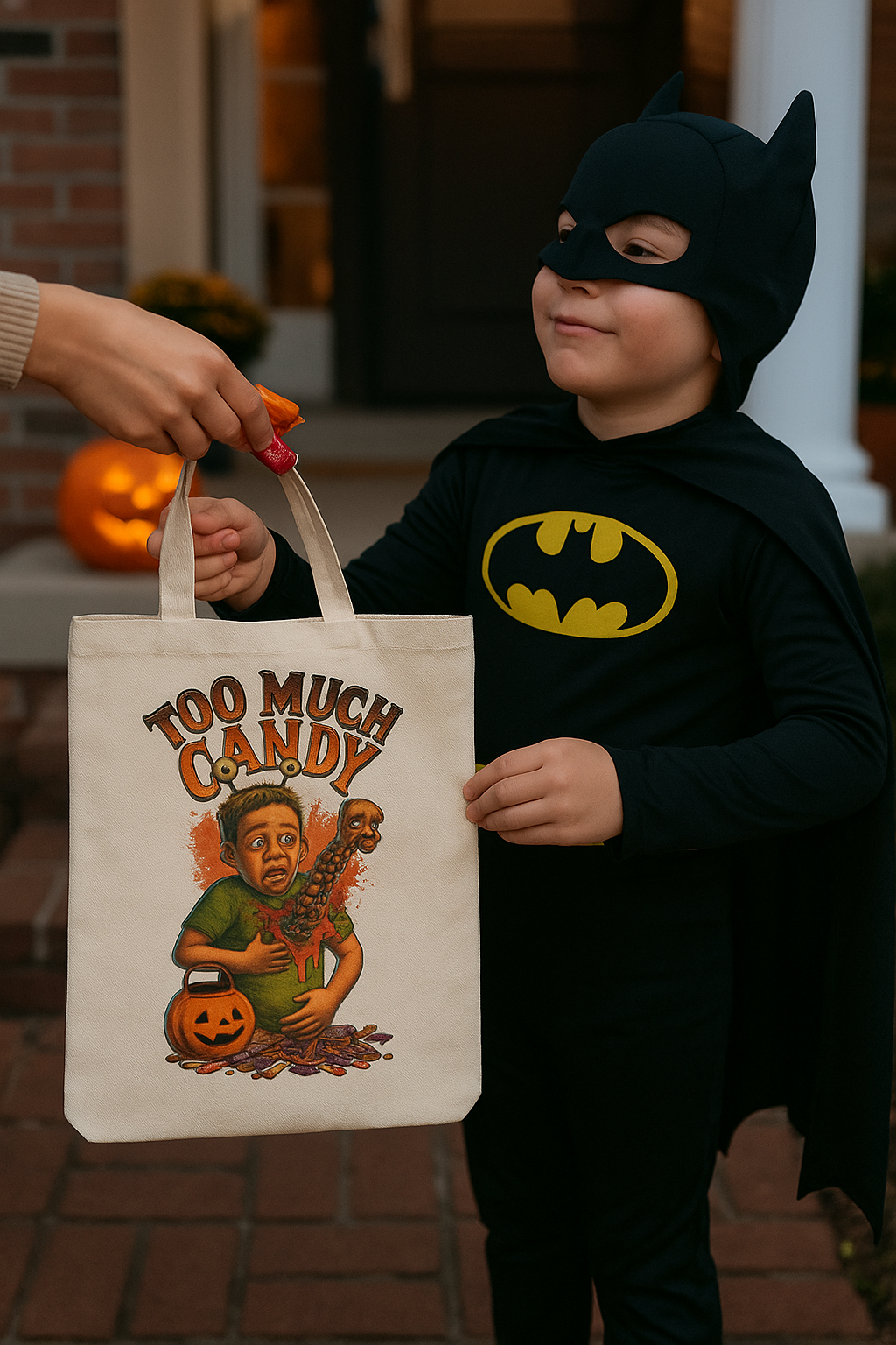 Halloween Cotton Canvas Candy Bag, "Too Much Candy" Alien Chest Burst