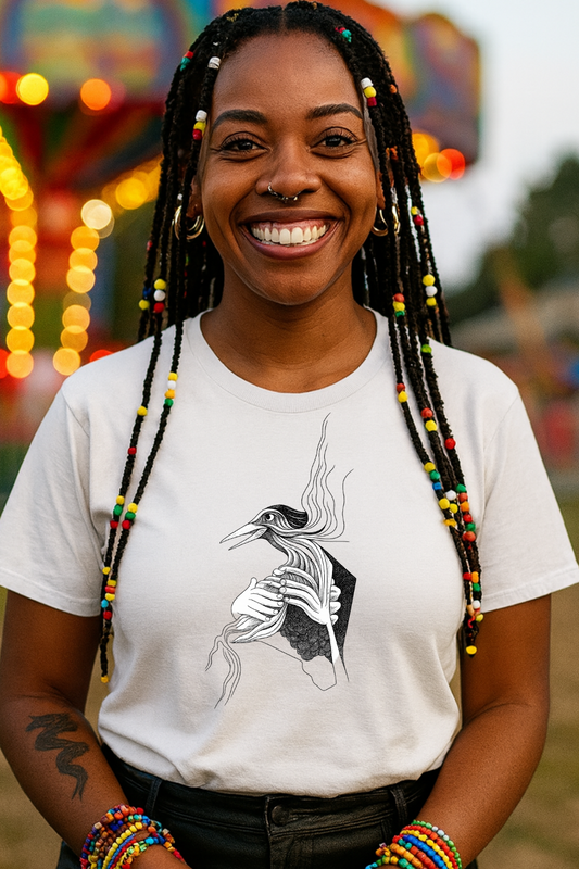 Stylish 1960s Reimagined Pen and Ink Bird Tee-Shirt - "Loki's Featherbed"