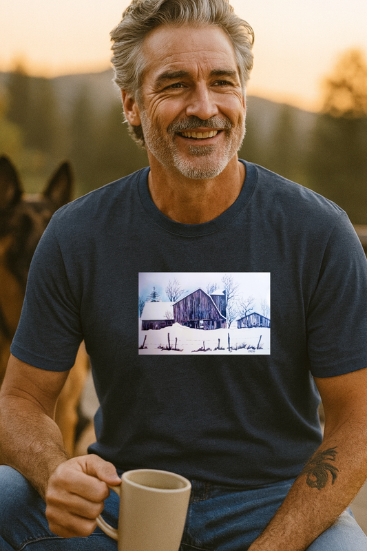 Authentic 1960s-Era Winter Barn Scene Graphic Tee-Shirt - "Tattered Winterscape"