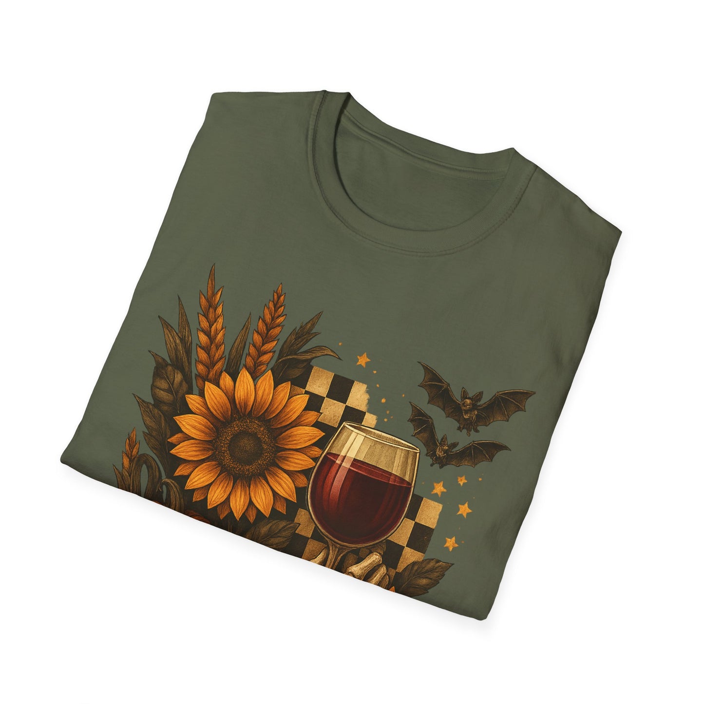 Halloween, Autumn Floral Skeleton Hand with Wine Glass Tee-Shirt