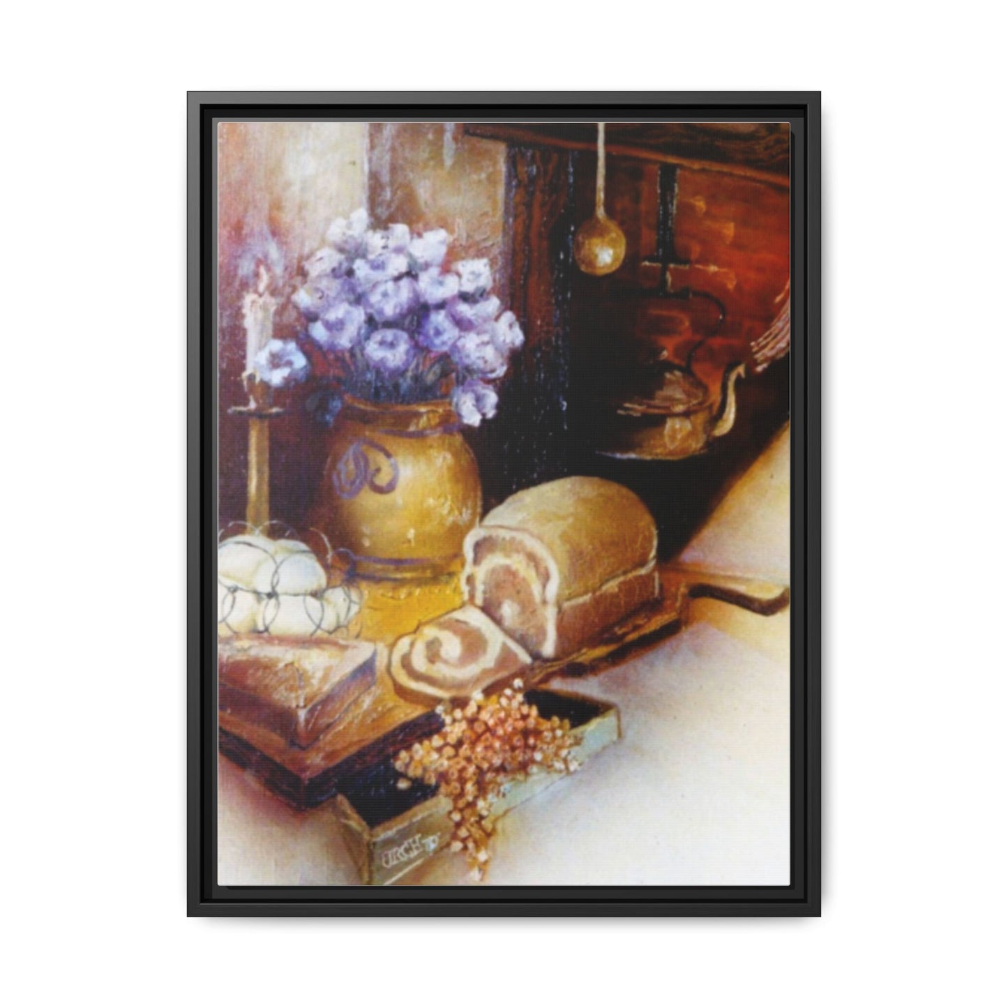 Framed Canvas Authentic 1960s Still Life Painting - "Countryside Hearth"
