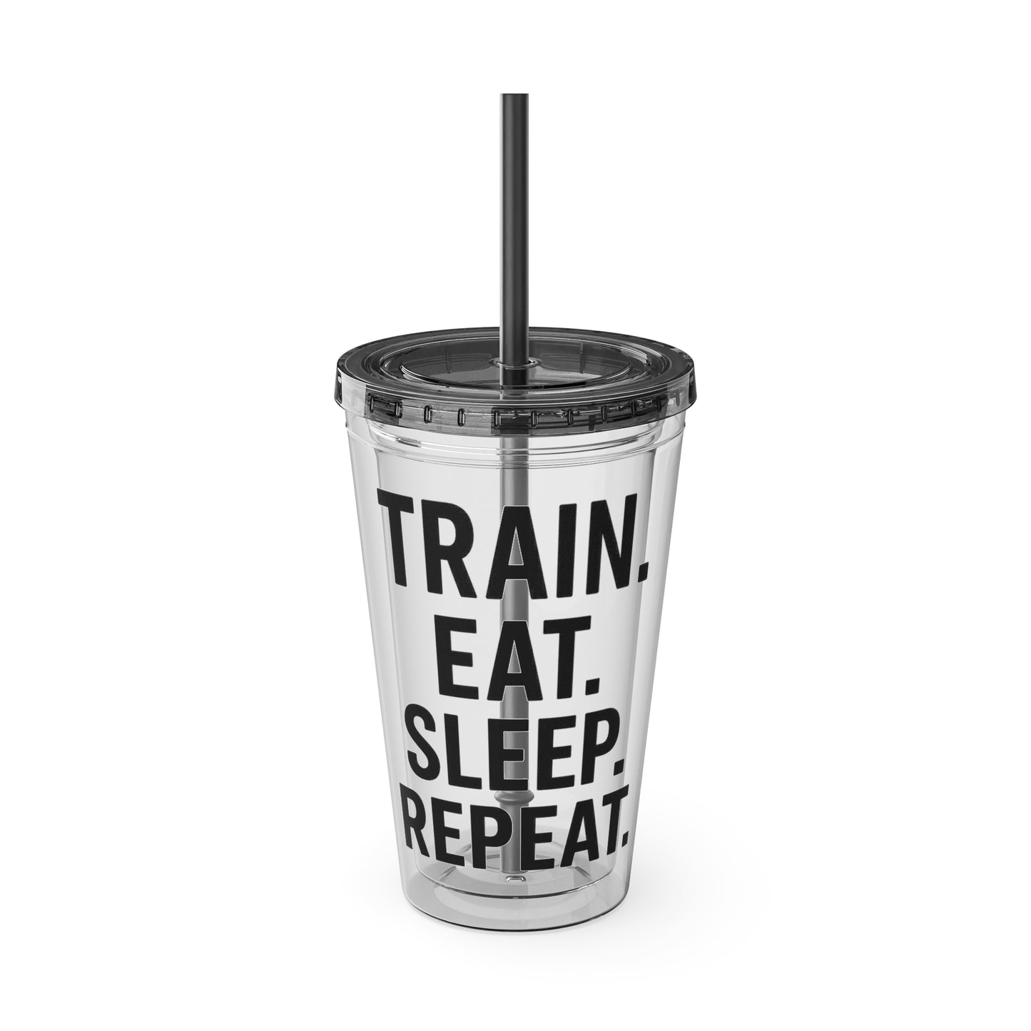 Grit Forge Athletics - Sunsplash Motivational Tumbler, 16oz Drink Cup for Fitness Lovers, Workout Gift, Gym Straw Cup, Eat Sleep Repeat Drinkware