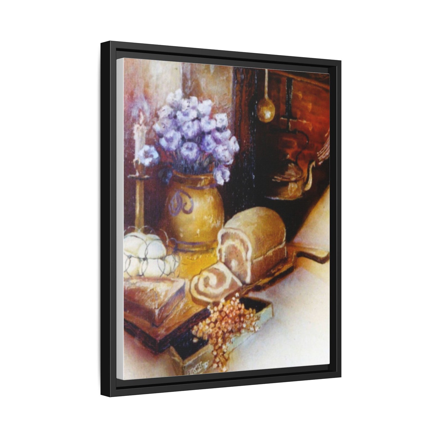 Framed Canvas Authentic 1960s Still Life Painting - "Countryside Hearth"