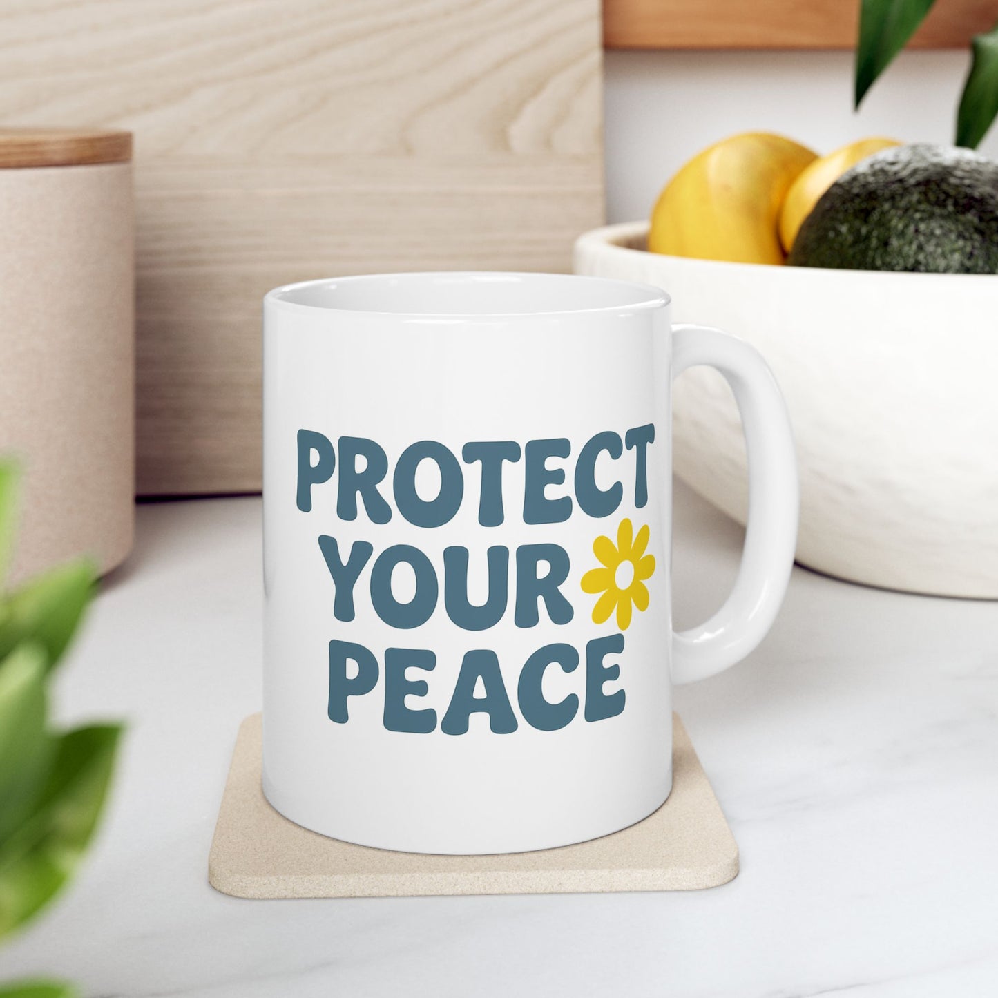 Ceramic Mug with Positive Vibes, Inspirational Coffee Cup, Gift for Friends, Home Office Decor, Motivational Mug, Protect Your Peace