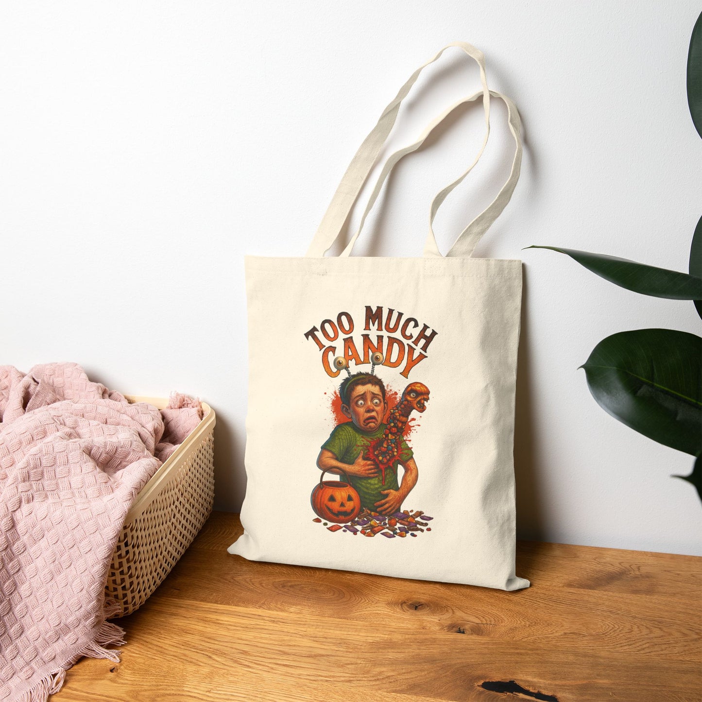 Halloween Cotton Canvas Candy Bag, "Too Much Candy" Alien Chest Burst