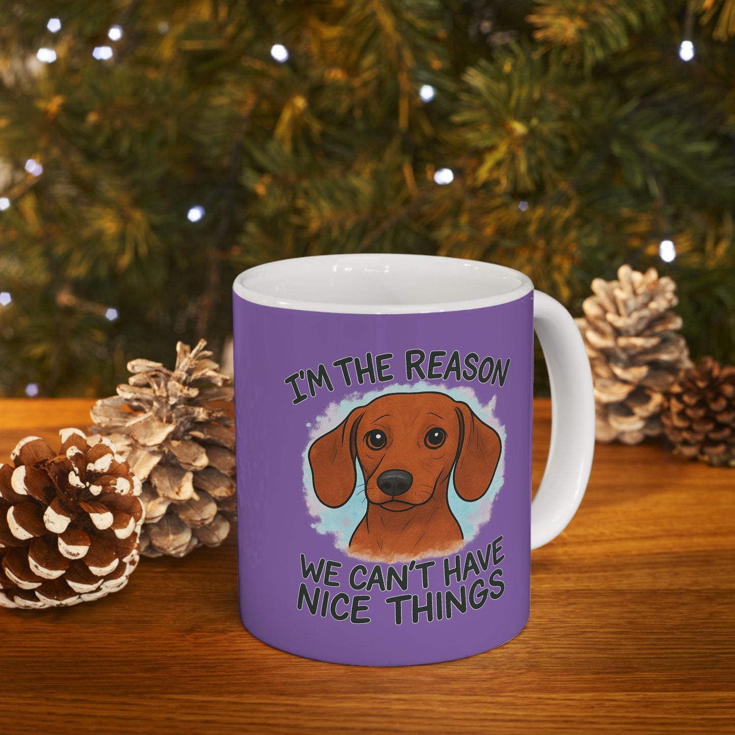 Funny Dog Lovers Ceramic Mug - I'm Dog-tired, Pet Owner Gift, Dachshund, Purple Coffee Cup, Animal Lover's Present, Unique Birthday Gift