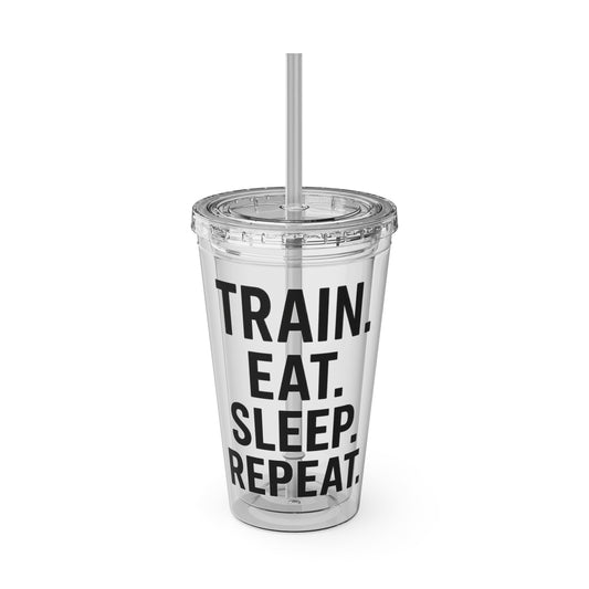 Grit Forge Athletics - Sunsplash Motivational Tumbler, 16oz Drink Cup for Fitness Lovers, Workout Gift, Gym Straw Cup, Eat Sleep Repeat Drinkware