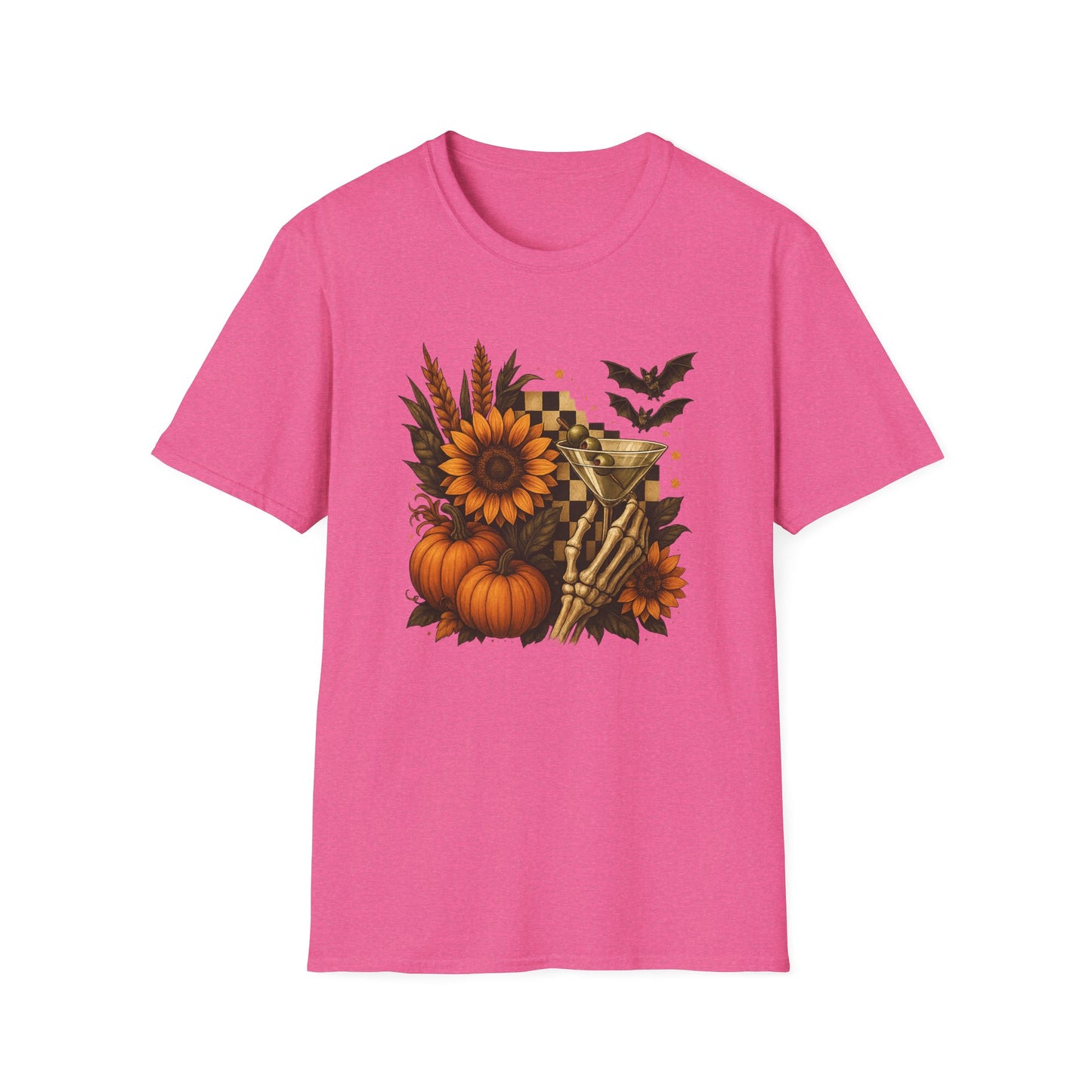 Halloween, Autumn Floral Skeleton Hand with Martini Tee-Shirt