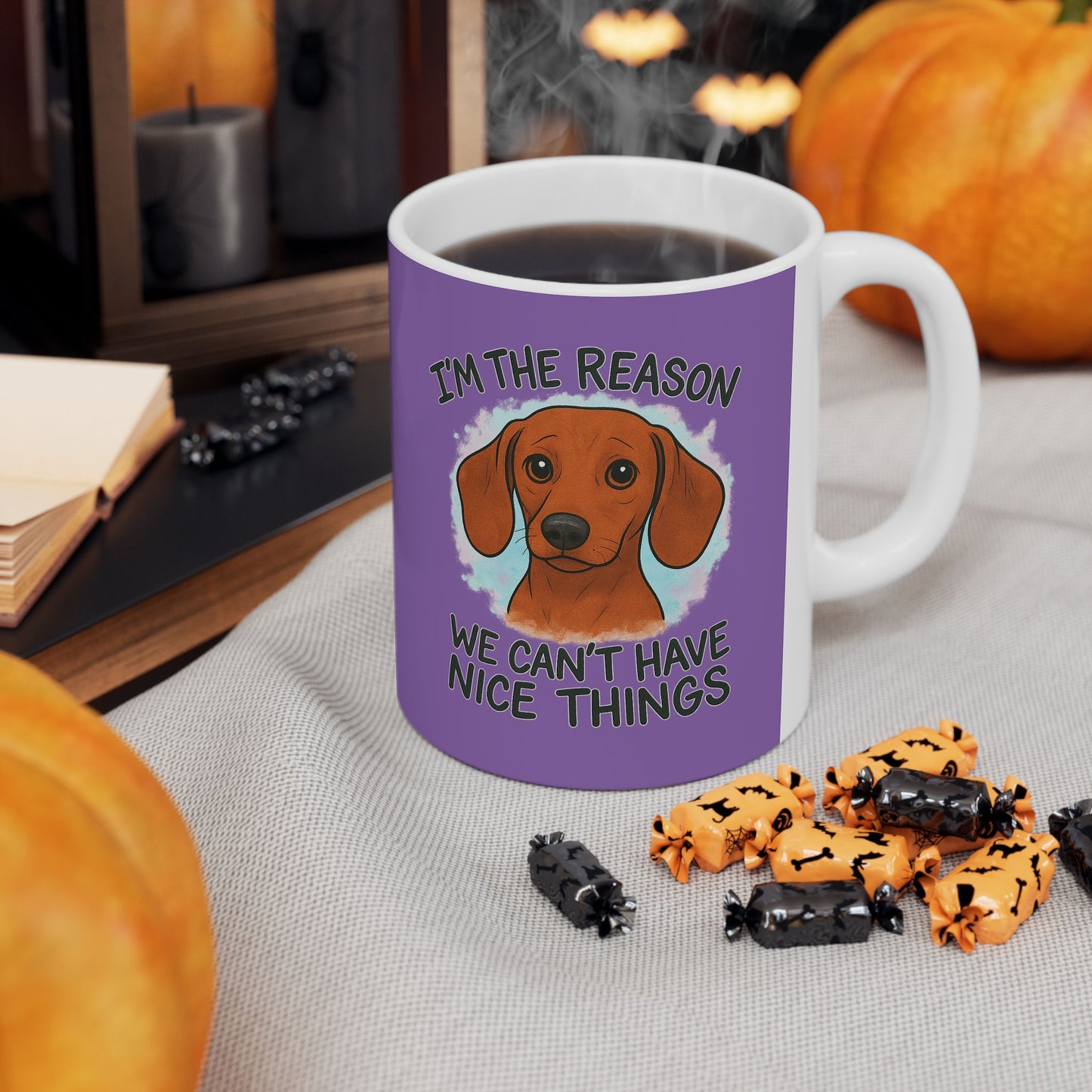 Funny Dog Lovers Ceramic Mug - I'm Dog-tired, Pet Owner Gift, Dachshund, Purple Coffee Cup, Animal Lover's Present, Unique Birthday Gift