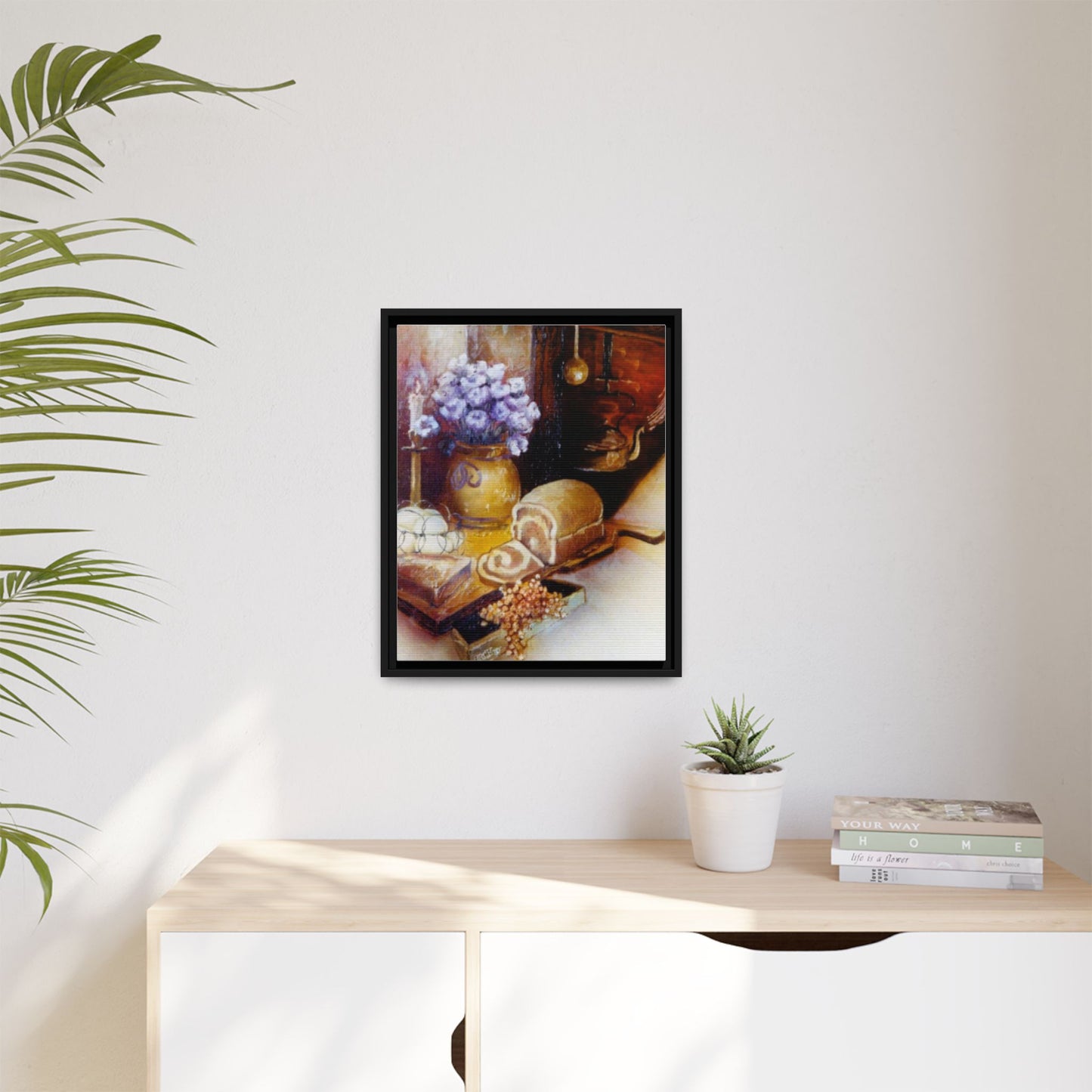 Framed Canvas Authentic 1960s Still Life Painting - "Countryside Hearth"