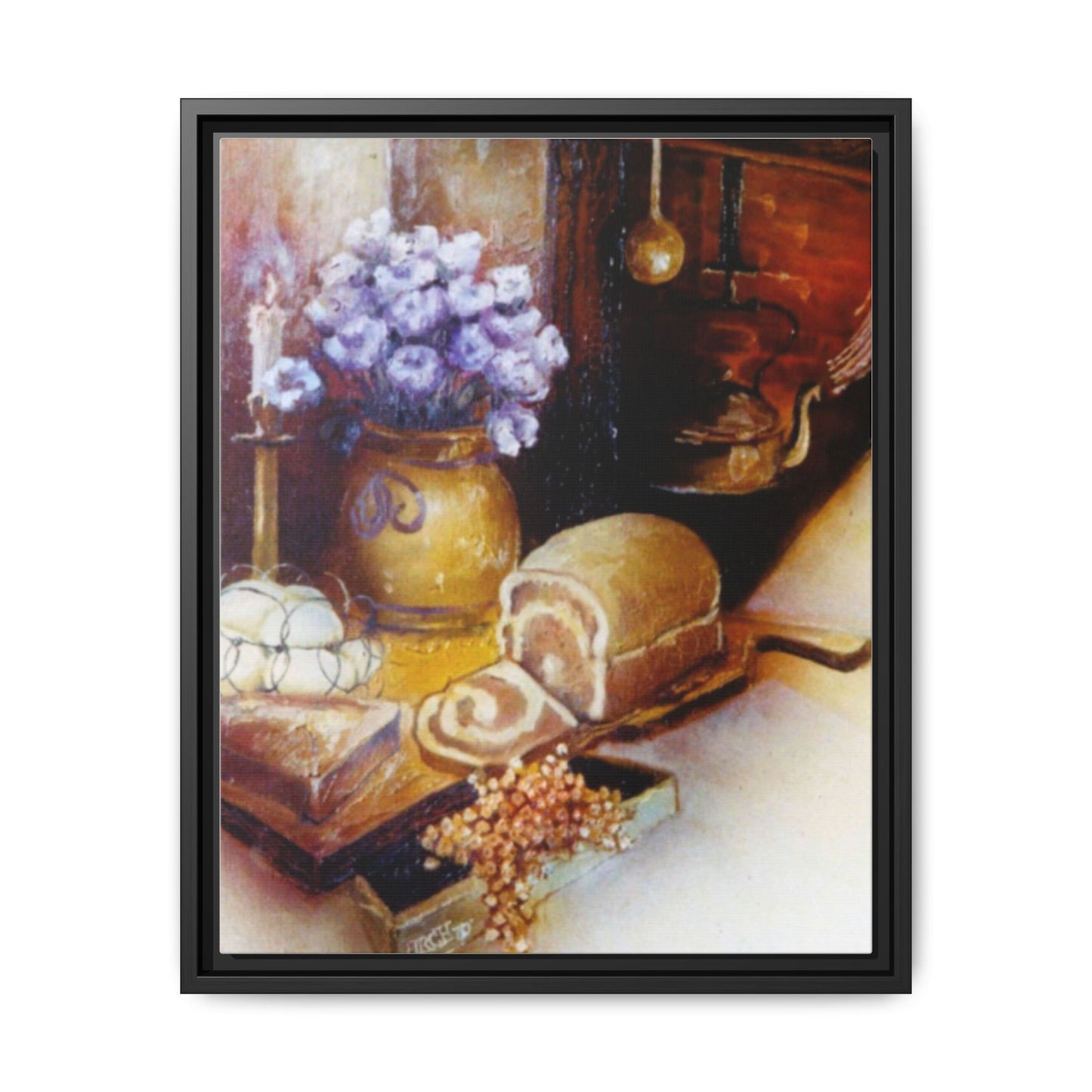 Framed Canvas Authentic 1960s Still Life Painting - "Countryside Hearth"