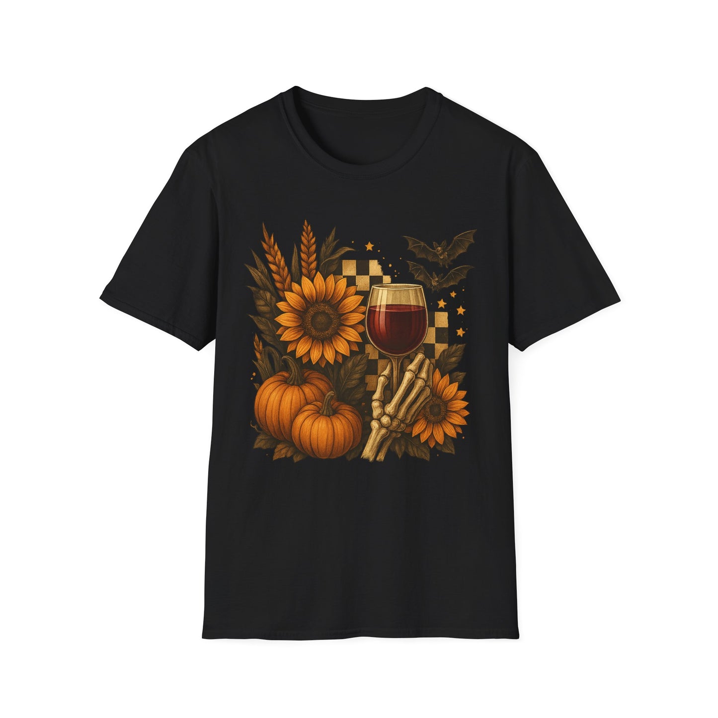 Halloween, Autumn Floral Skeleton Hand with Wine Glass Tee-Shirt